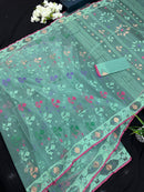 Bright Teal Blue dhakai Jamdani saree with pink border all over work soft count.