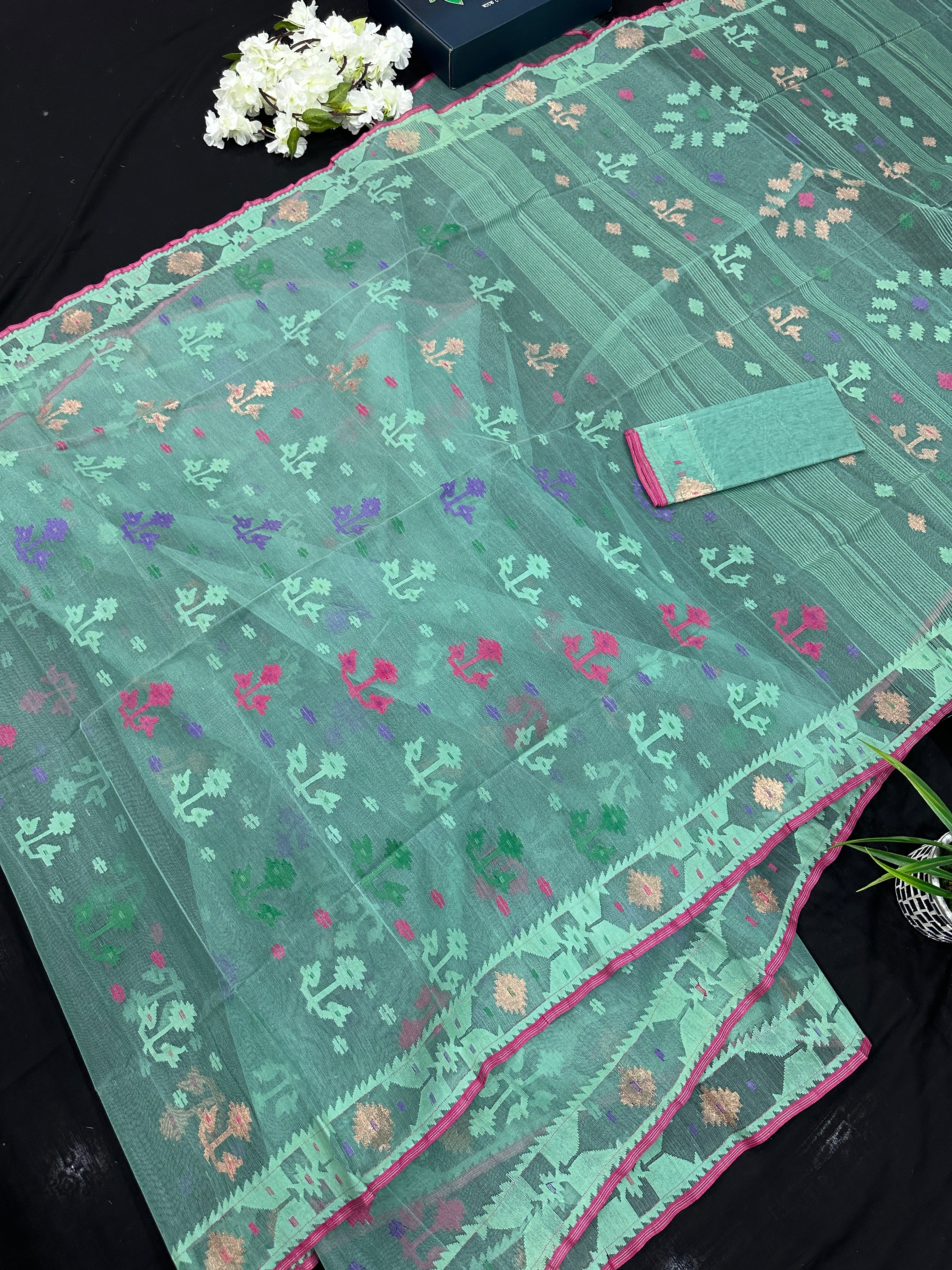 Bright Teal Blue dhakai Jamdani saree with pink border all over work soft count.