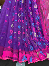 Purple halfsilk jamdani saree with blue pink threads work and golden jori work