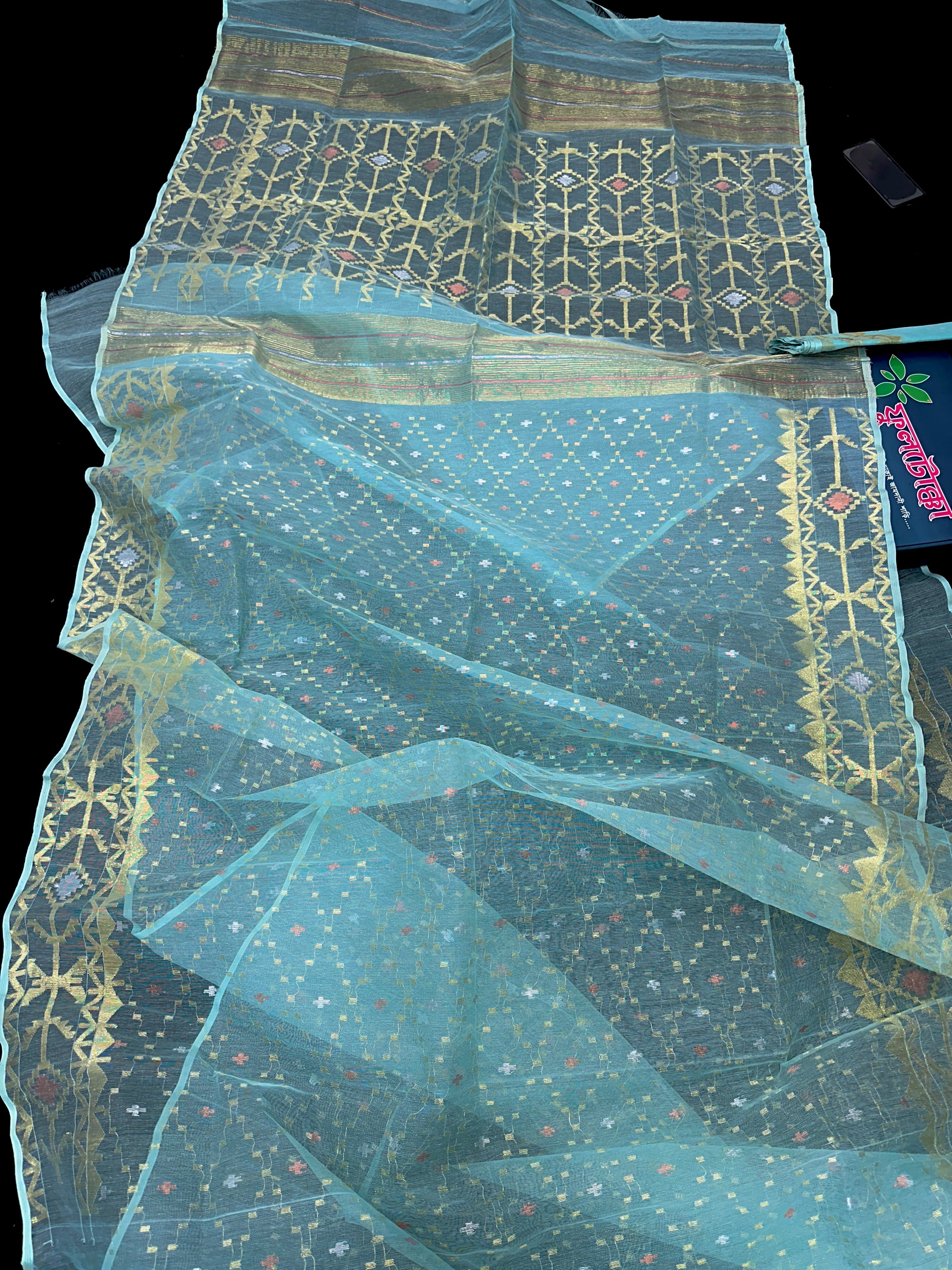 Ice Blue Jamdani Saree With Blouse Piece.