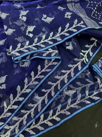 Navy blue jamdani saree with silver jori work soft threads all over work.