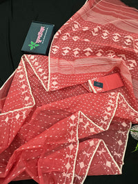 Sweet pink cotton jamdani saree with white threads work and blouse piece.