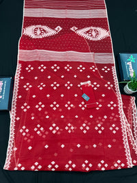 Radish Maroon cotton jamdani saree with white threads work all over work.