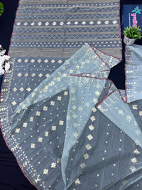 Powder Blue Original Handloom Hslfsilk Dhakai Jamdani With Golden Jori Work