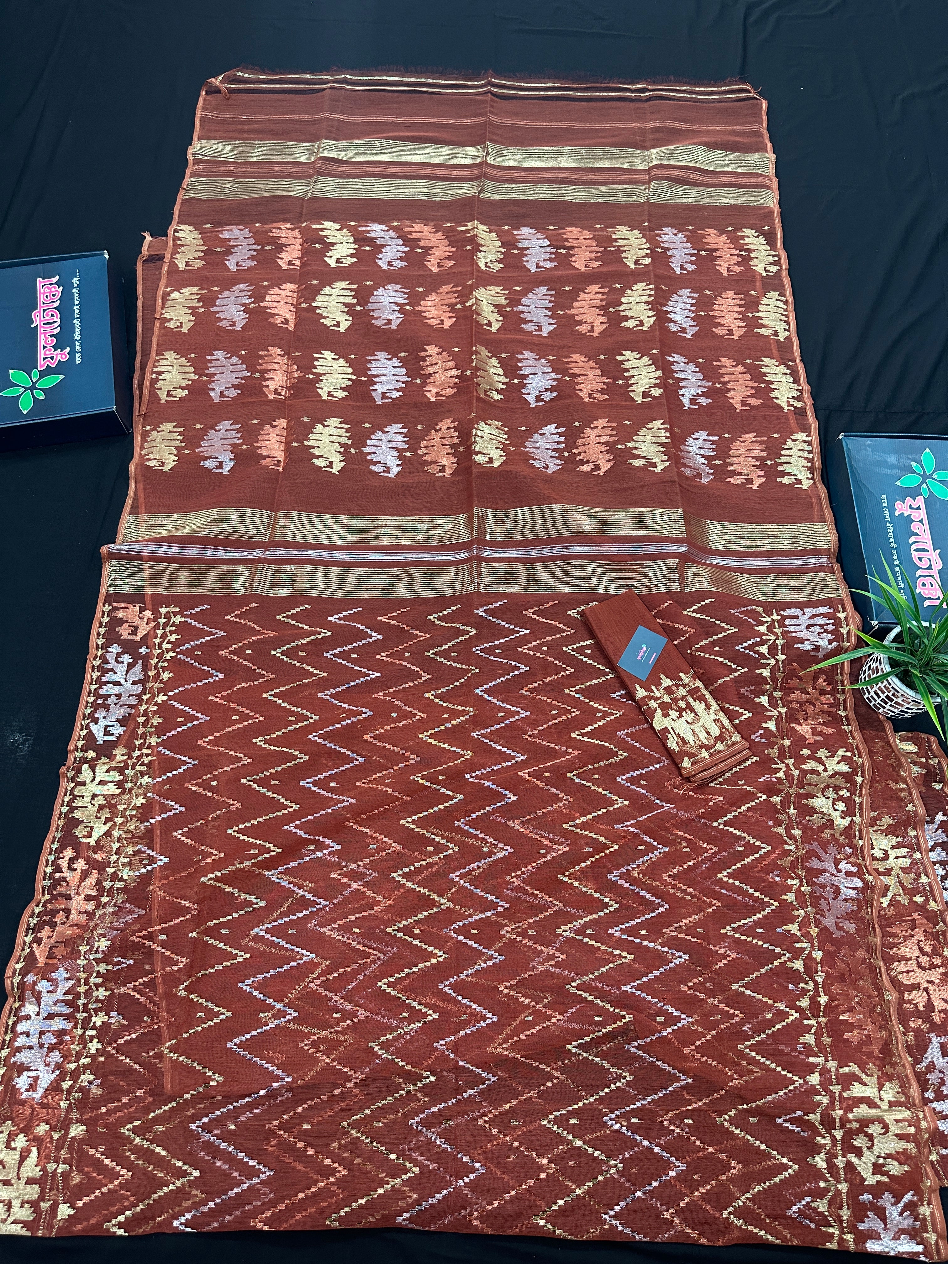 Brown reshom halfsilk jamdani saree with golden silver & copper jori work.
