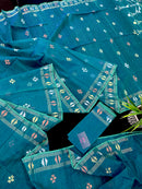 Sea green budget range jamdani saree with golden silver & copper jori work.