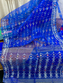 Royal Blue Handloom Jamdani Saree With Multi Jori Work.
