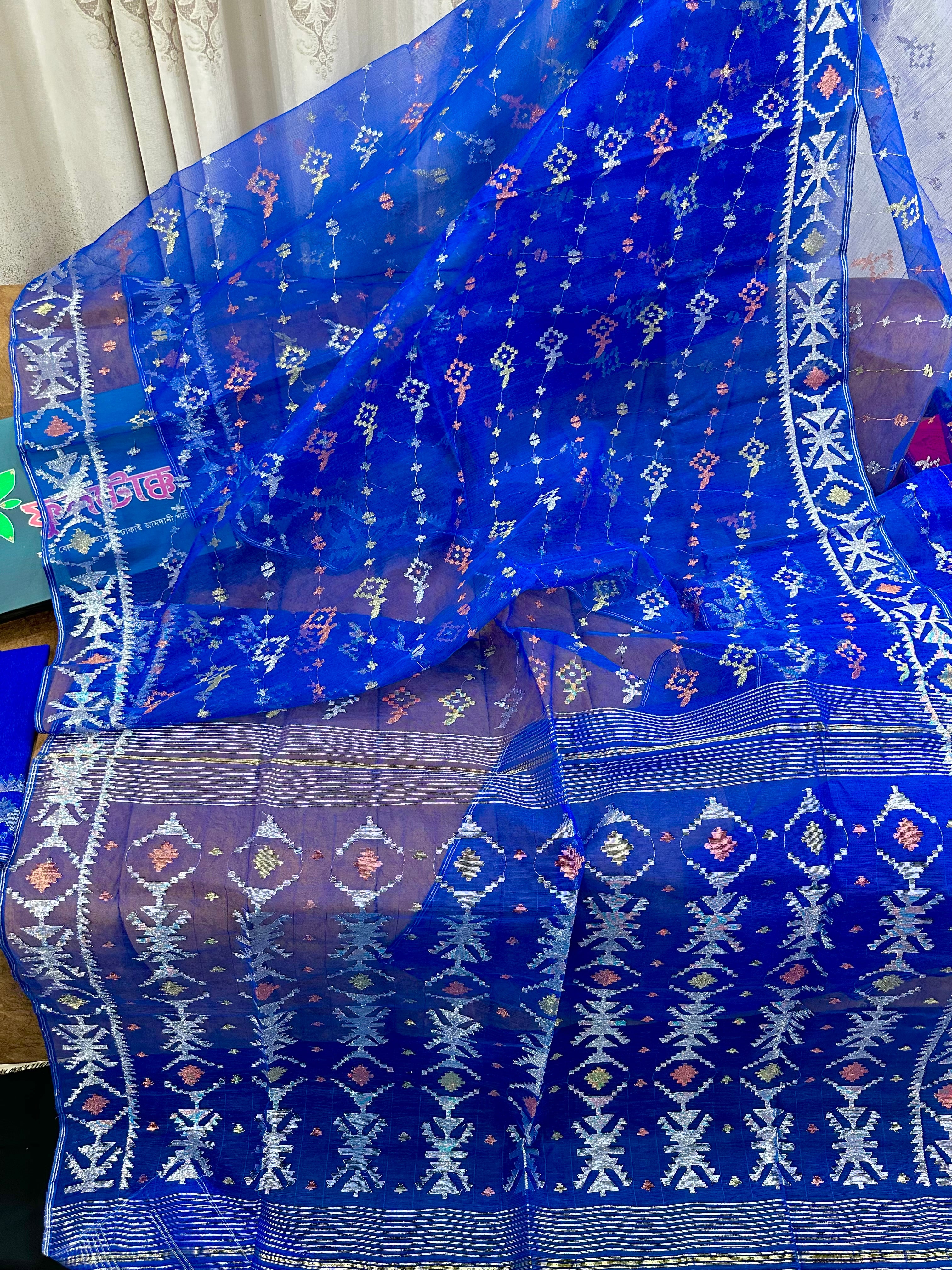 Royal Blue Handloom Jamdani Saree With Multi Jori Work.