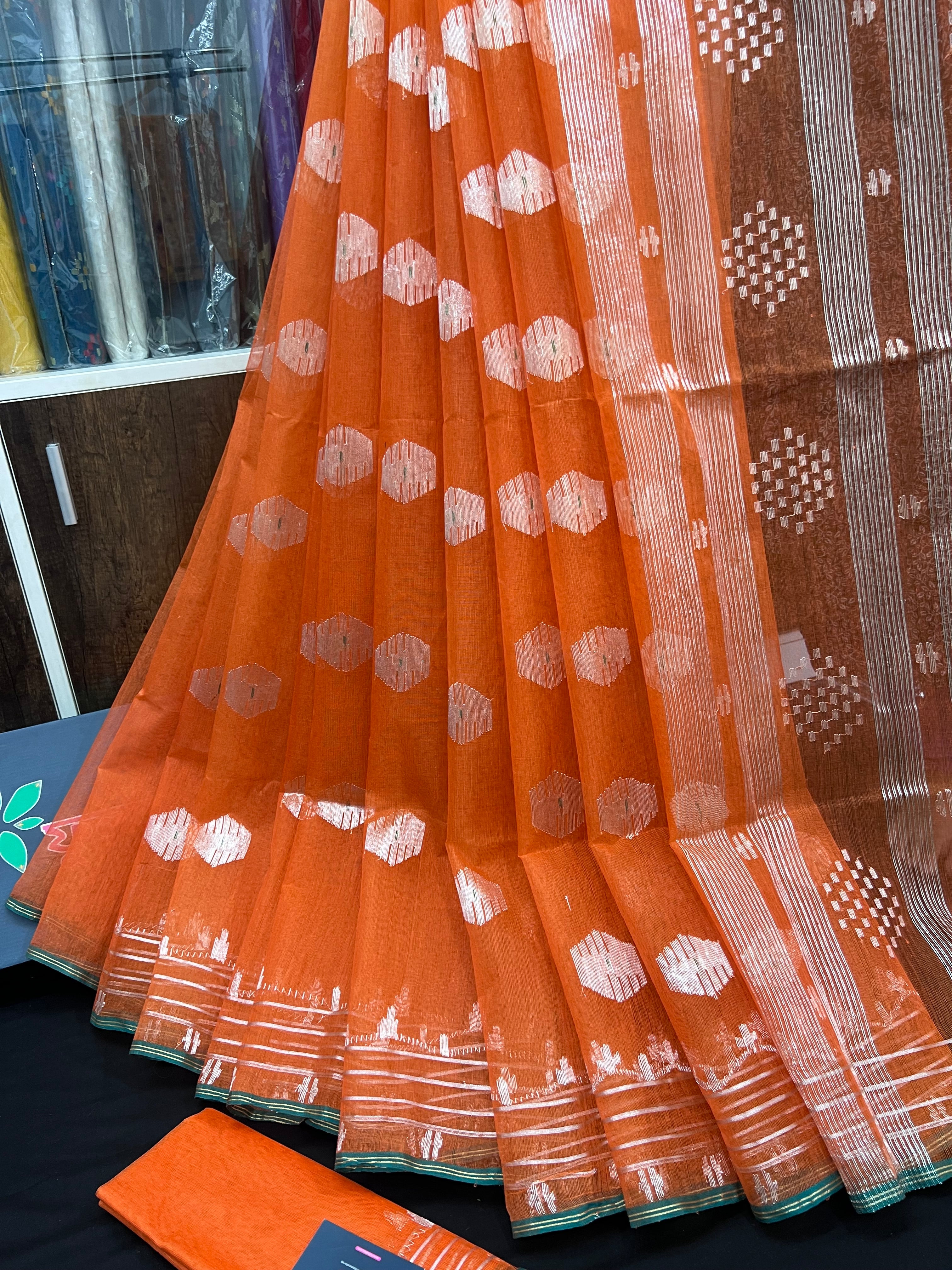 Orange Original Handloom Halfsilk Dhakai Jamdani Saree