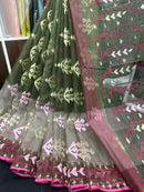 Dual Shaded Original Handloom Halfsilk Dhakai Jamdani Saree With Pink Olive Threads Work
