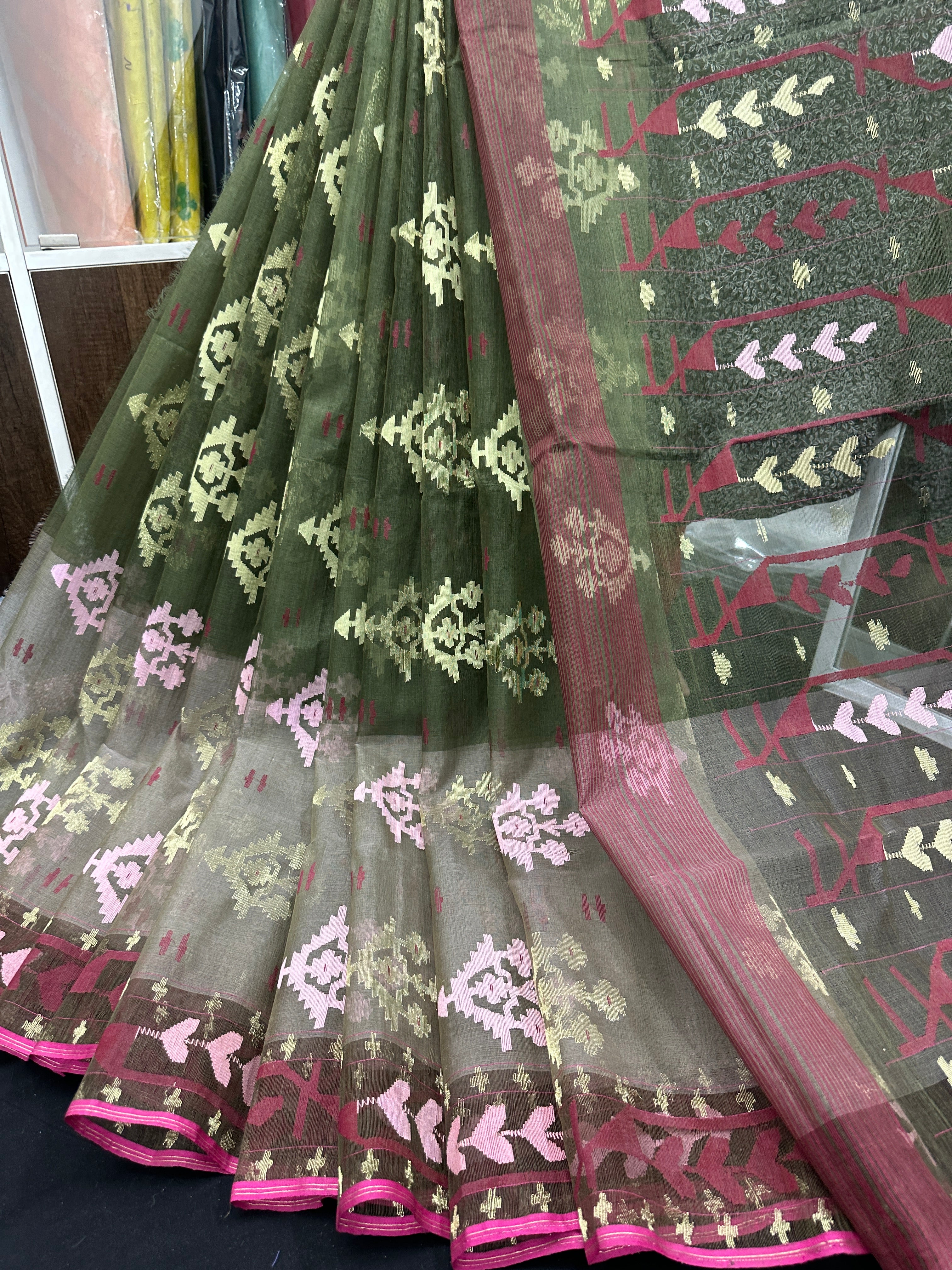 Dual Shaded Original Handloom Halfsilk Dhakai Jamdani Saree With Pink Olive Threads Work