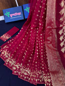Maroon semi bridal cotton jamdani saree with golden jori work