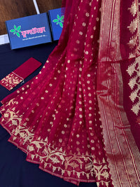 Maroon semi bridal cotton jamdani saree with golden jori work