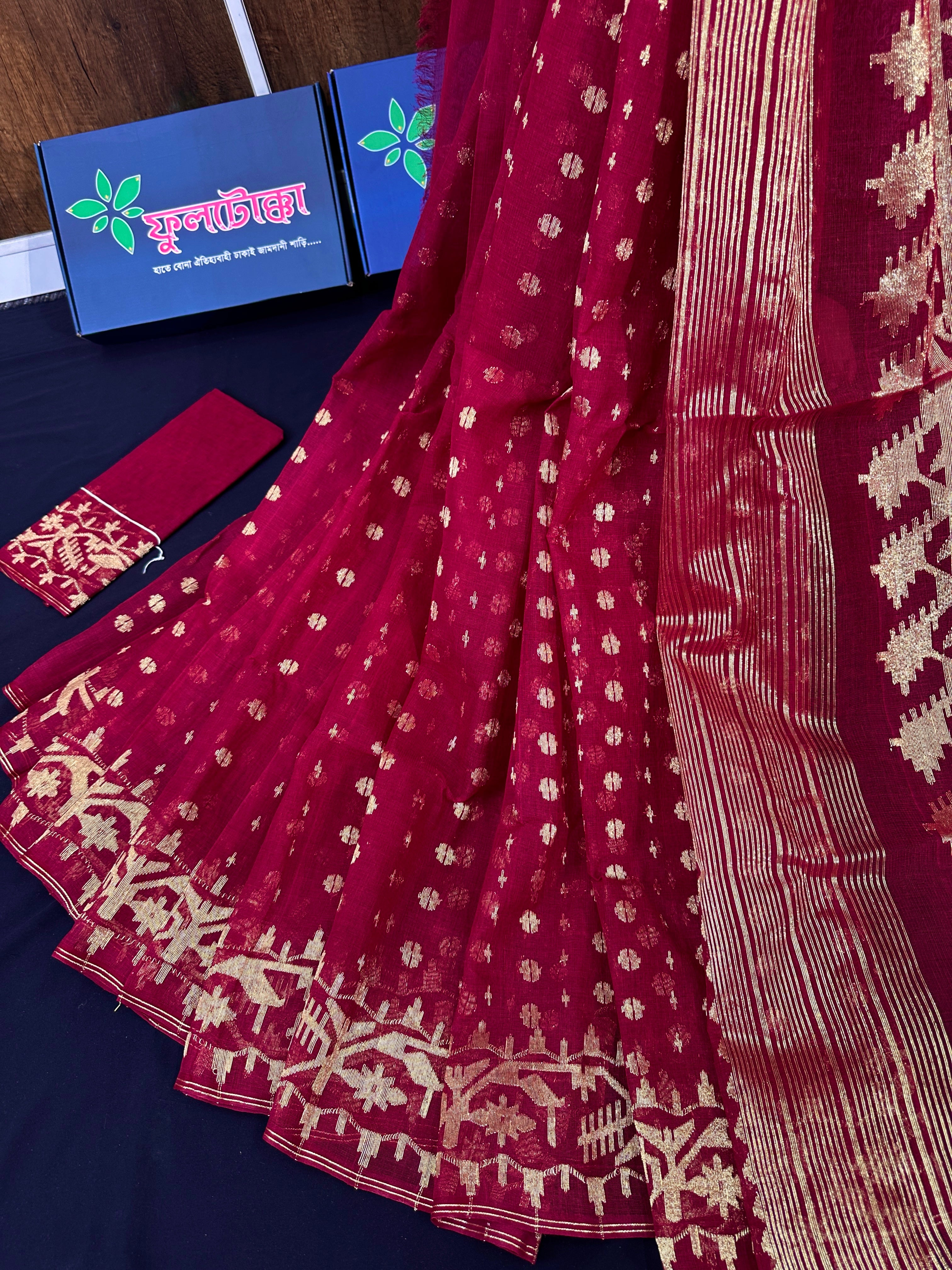 Maroon semi bridal cotton jamdani saree with golden jori work
