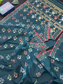 Blue Colour Original Handloom Halfsilk Dhakai Jamdani Saree With Golden Silver & Copper Jori Work
