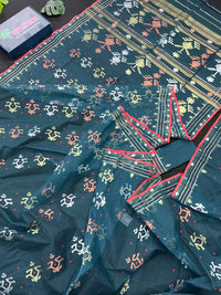 Blue Colour Original Handloom Halfsilk Dhakai Jamdani Saree With Golden Silver & Copper Jori Work