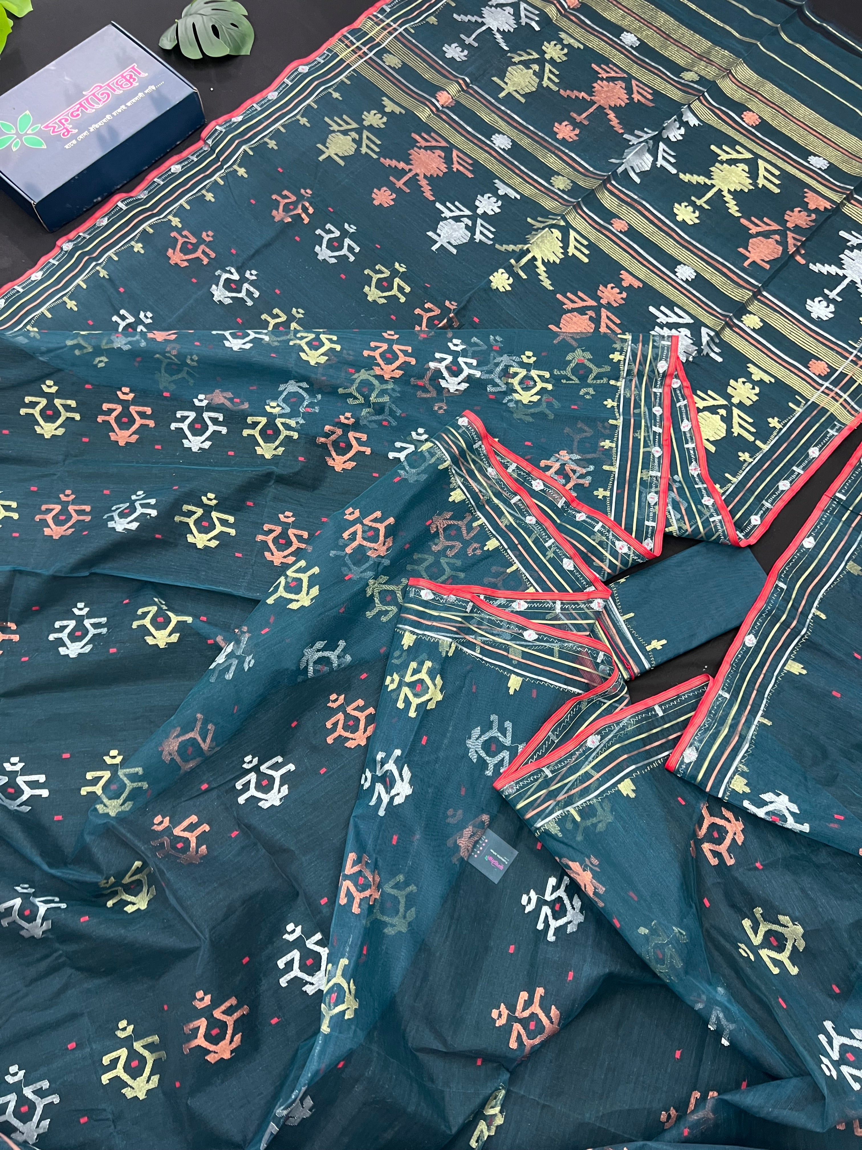 Blue Colour Original Handloom Halfsilk Dhakai Jamdani Saree With Golden Silver & Copper Jori Work