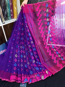 Purple halfsilk jamdani saree with blue pink threads work and golden jori work