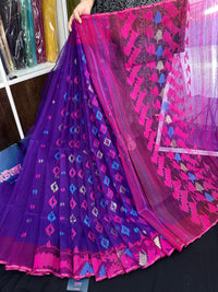Purple halfsilk jamdani saree with blue pink threads work and golden jori work
