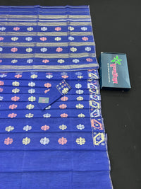 Royal Blue Original Handloom Dhakai Jamdani Saree With Golden Silver & Copeer Jori Work