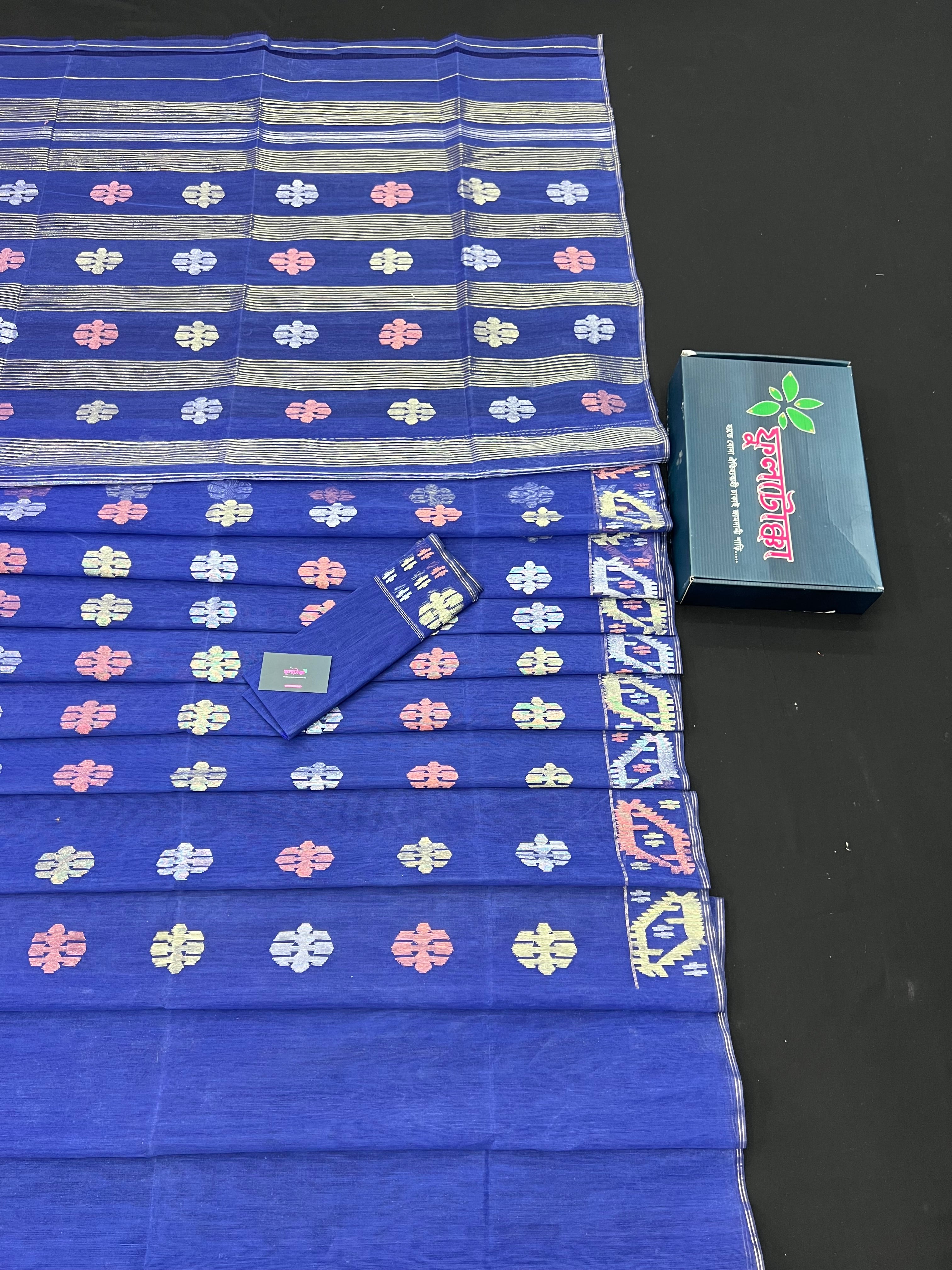 Royal Blue Original Handloom Dhakai Jamdani Saree With Golden Silver & Copeer Jori Work