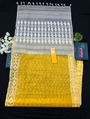 Yellow Original Handloom Halfsilk Dhakai Jamdani Saree With Self Threads Work & White Threads Work