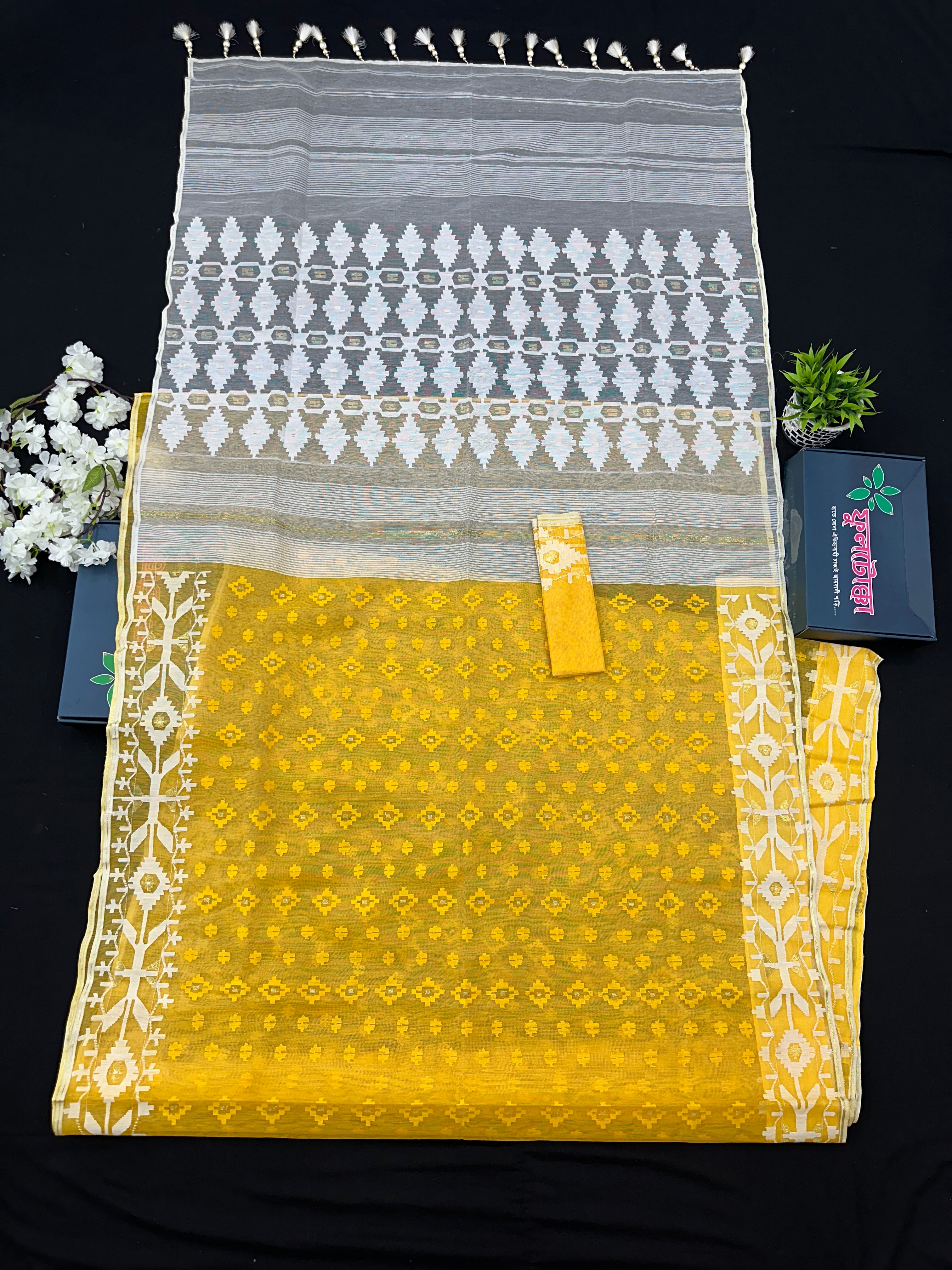 Yellow Original Handloom Halfsilk Dhakai Jamdani Saree With Self Threads Work & White Threads Work