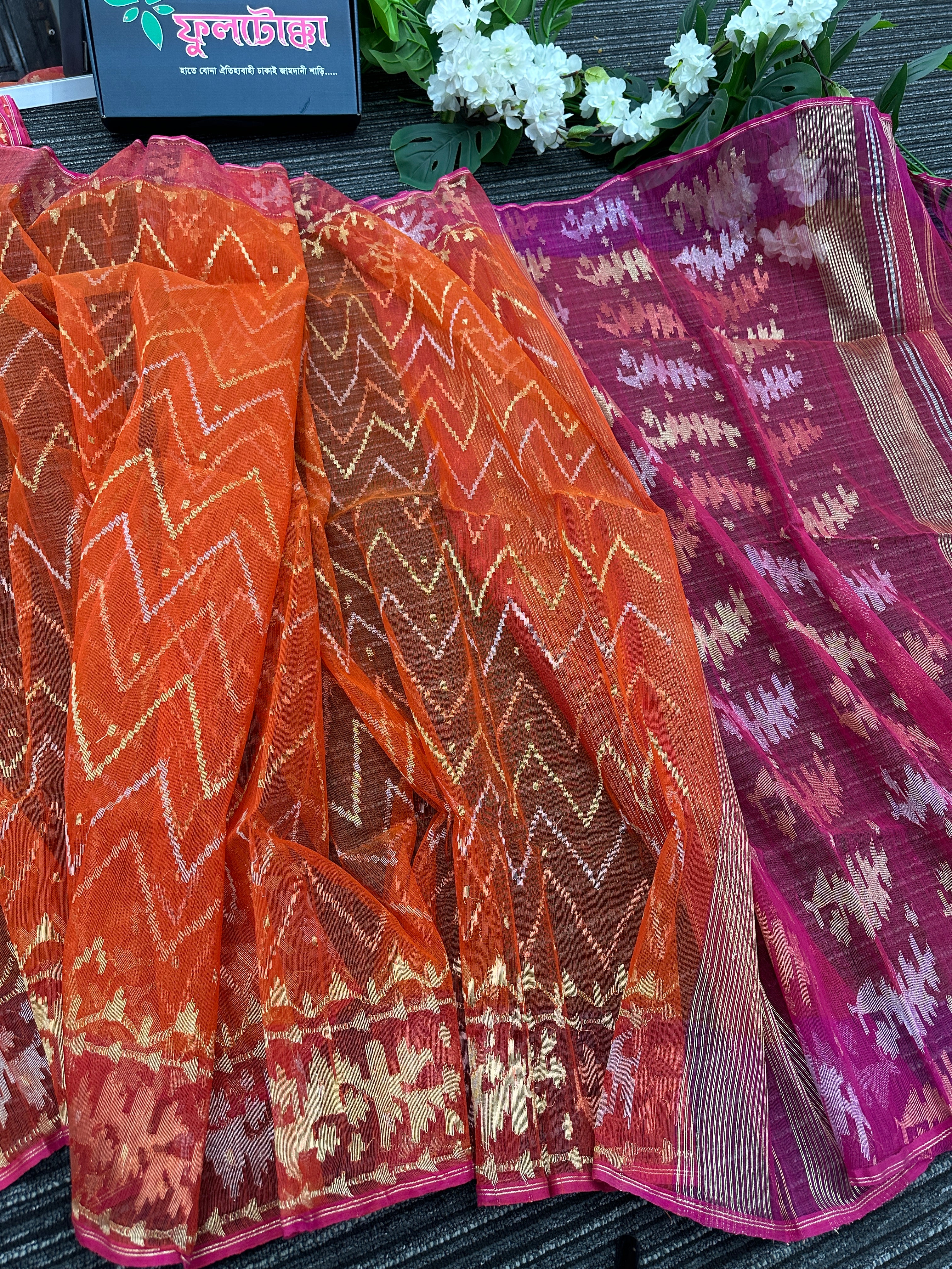 Orange halfsilk jamdani saree with pink paar