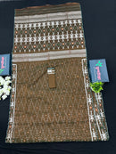 Mehendi Brown Original Handloom Halfsilk Dhakai Jamdani Sarww With Silver Jori Work & Orange Threads Work