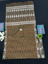 Mehendi Brown Original Handloom Halfsilk Dhakai Jamdani Sarww With Silver Jori Work & Orange Threads Work