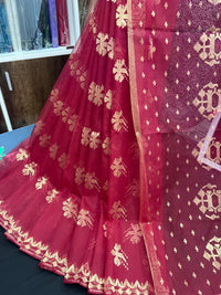 Maroon With Golden Original Handloom Halfsilk Dhakai Jamdani