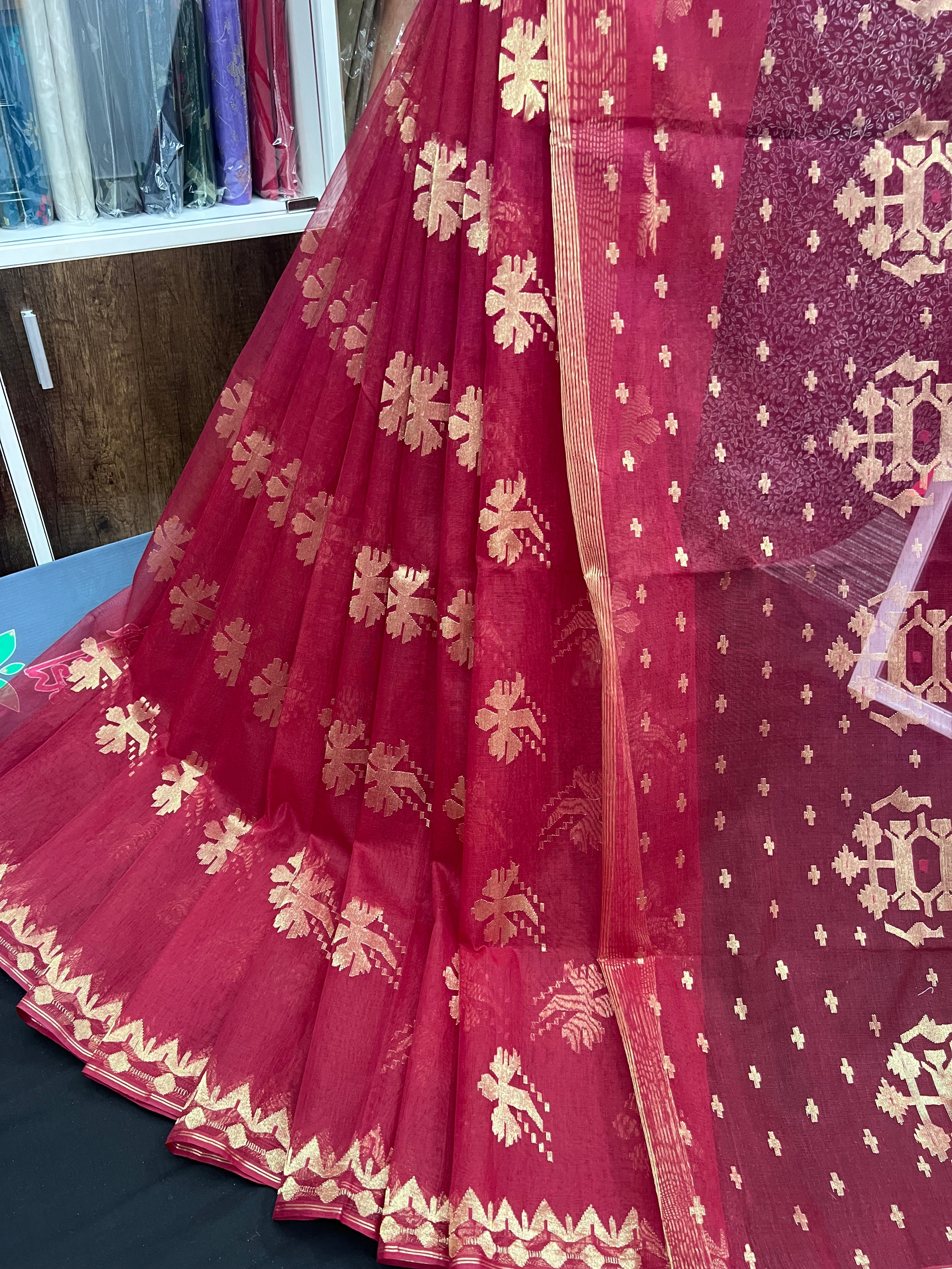 Maroon With Golden Original Handloom Halfsilk Dhakai Jamdani