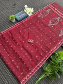 Maroon semi bridal cotton jamdani saree with silvery jori work maroon threads work