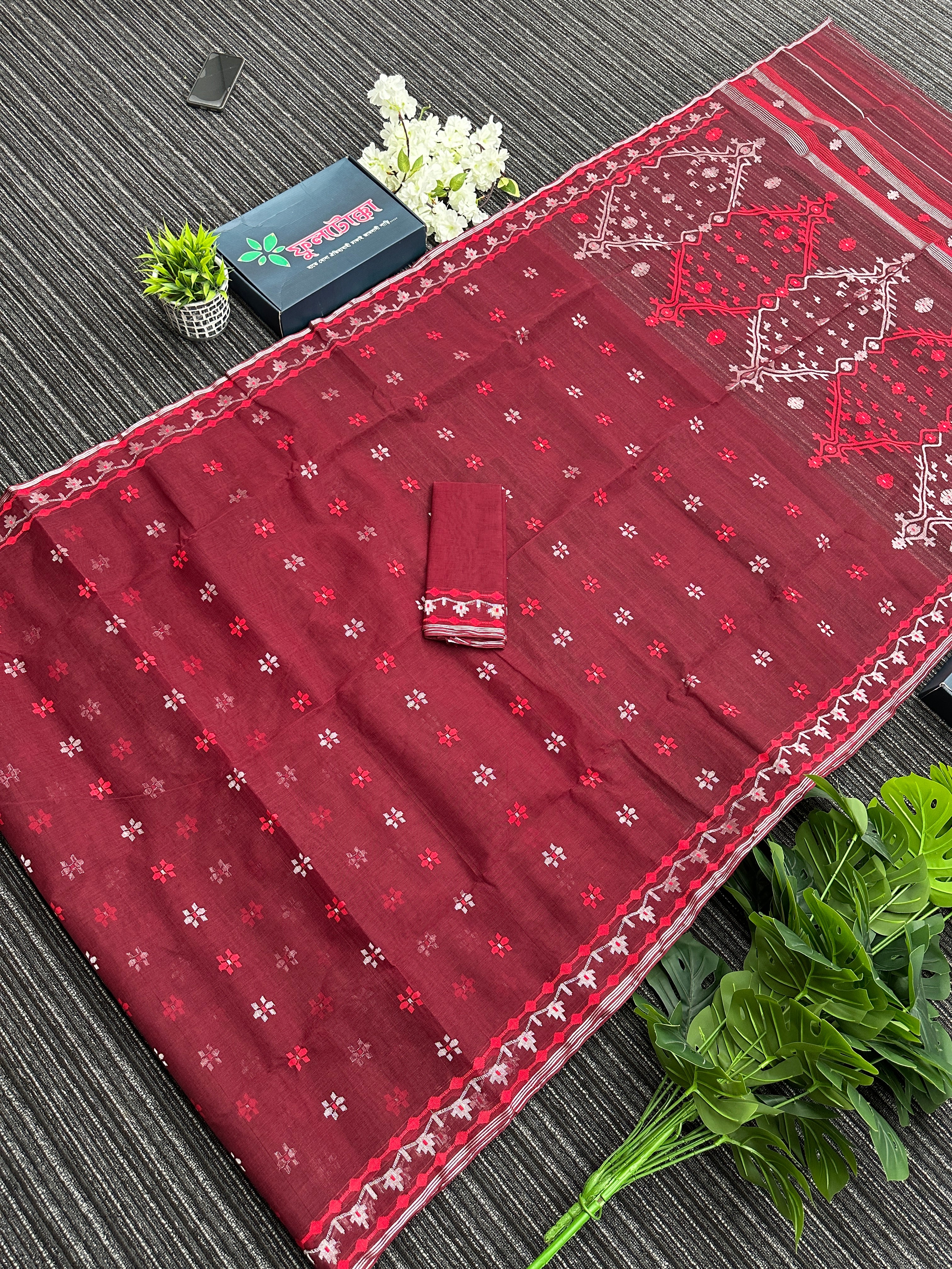 Maroon semi bridal cotton jamdani saree with silvery jori work maroon threads work
