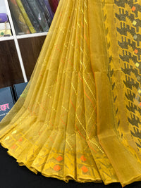 Yellow halfsilk jamdani saree with yellow orange threads work