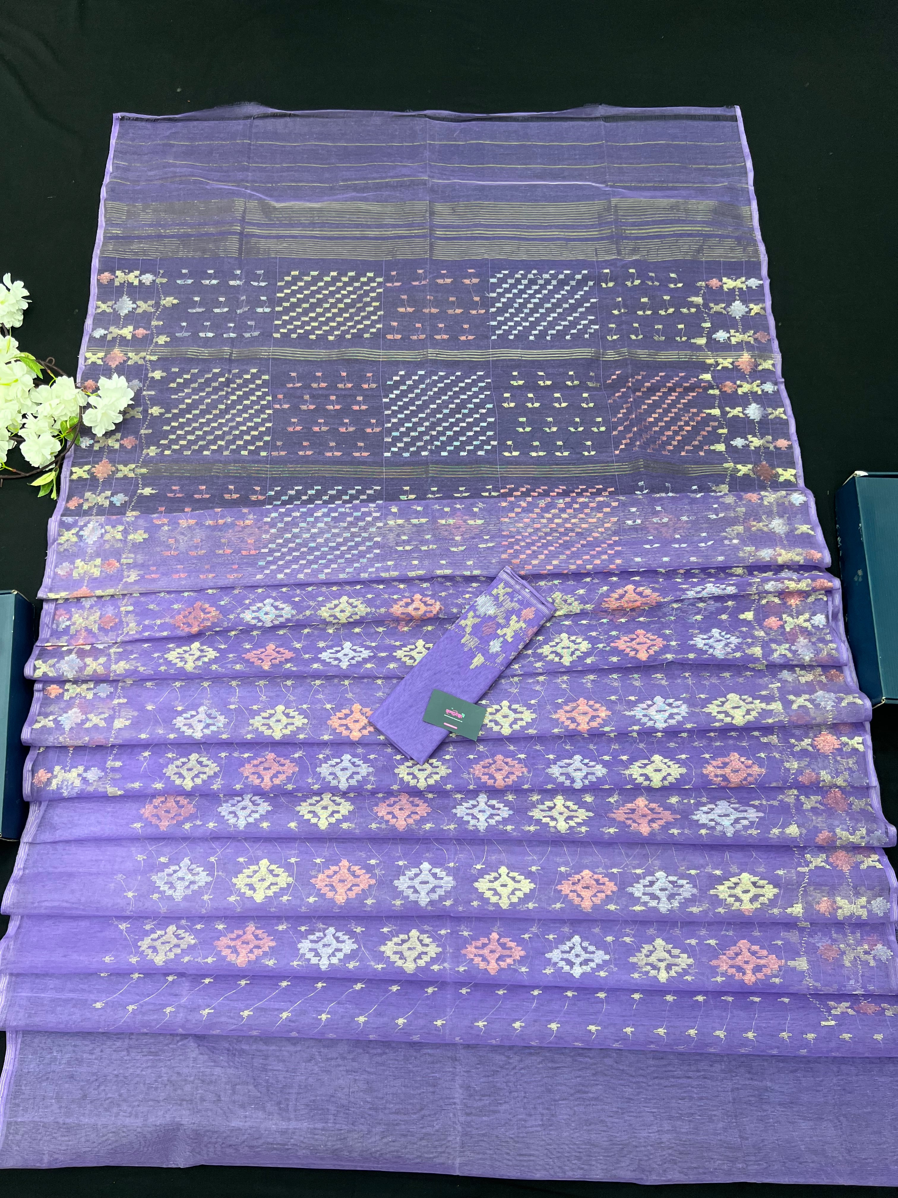 Lavender Colour Original Handloom Halfsilk Dhakai Jamdani With Golden Silver & Copper Jori Work