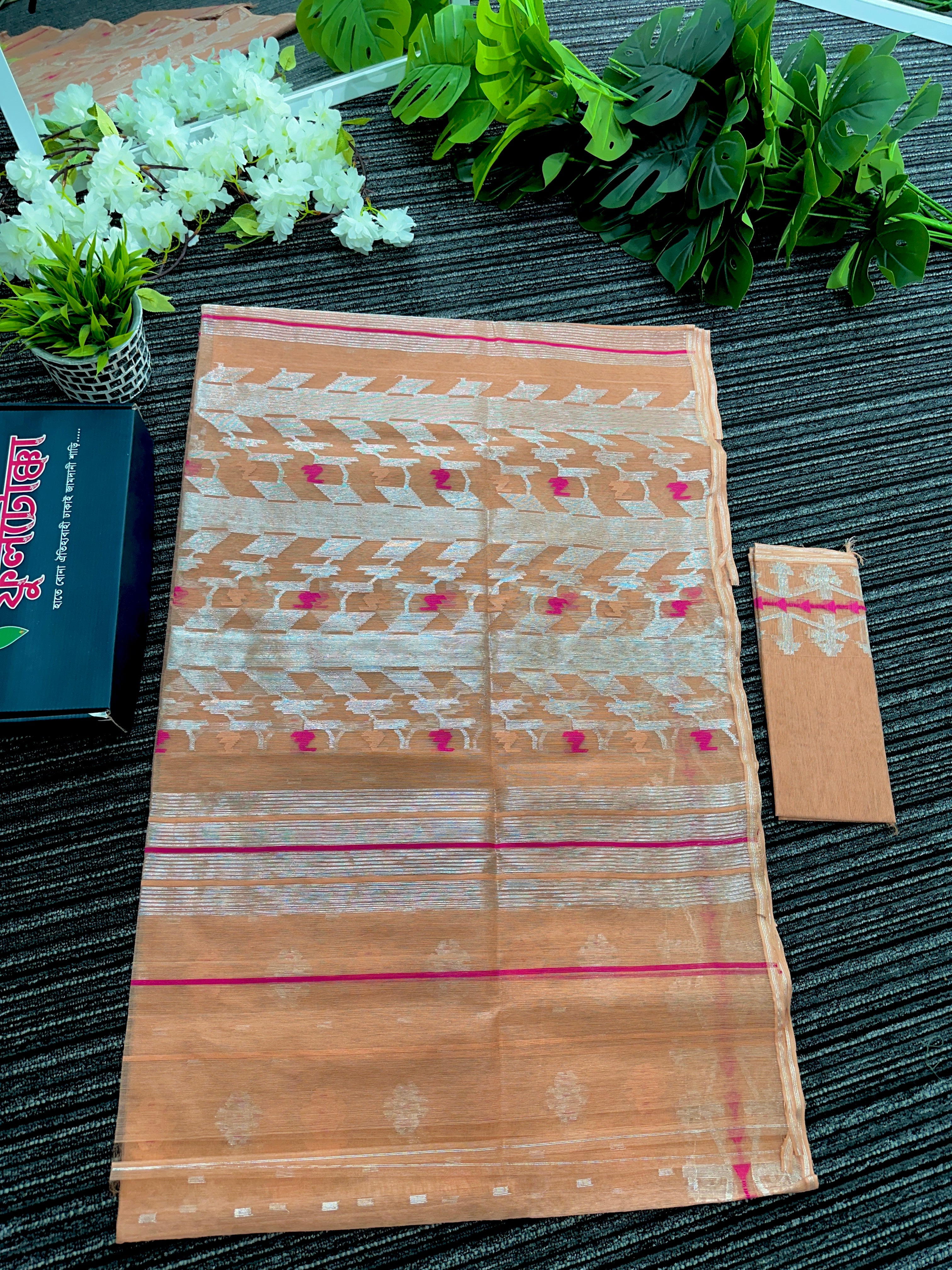 Peach halfsilk jamdani saree with silver jori work and pink peach threads work