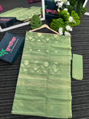 Mint halfsilk jamdani saree with golden jori work