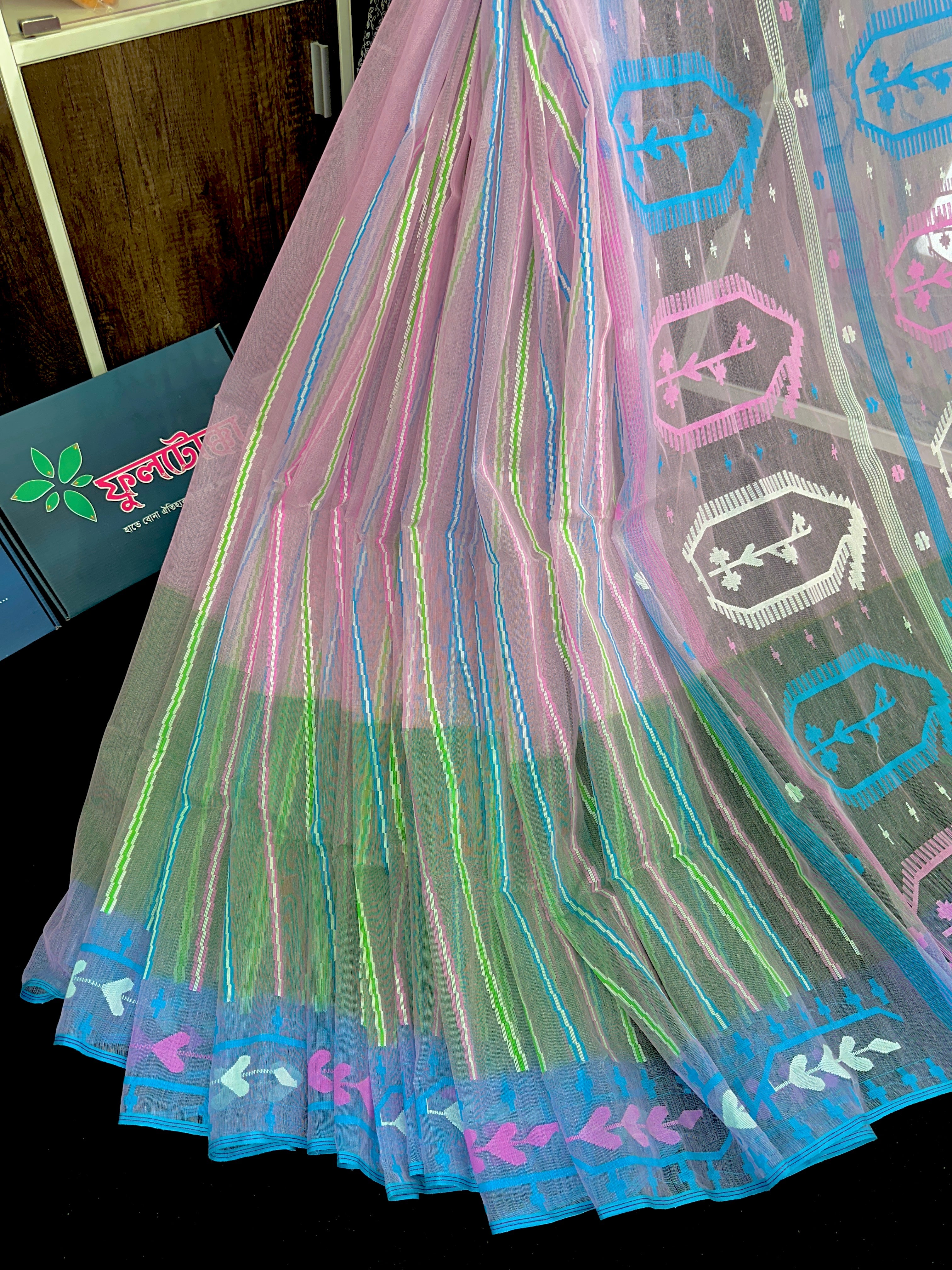Green with pink Tripple shaded halfsilk jamdani sari with blouse piece.