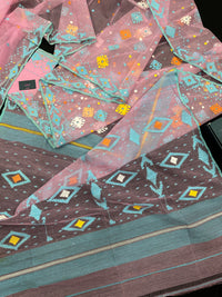 Pink jamdani saree with blue white yellow orange threads work and blouse piece.