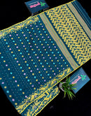 Peacock blue cotton jamdani saree with yellow threads work all over soft count