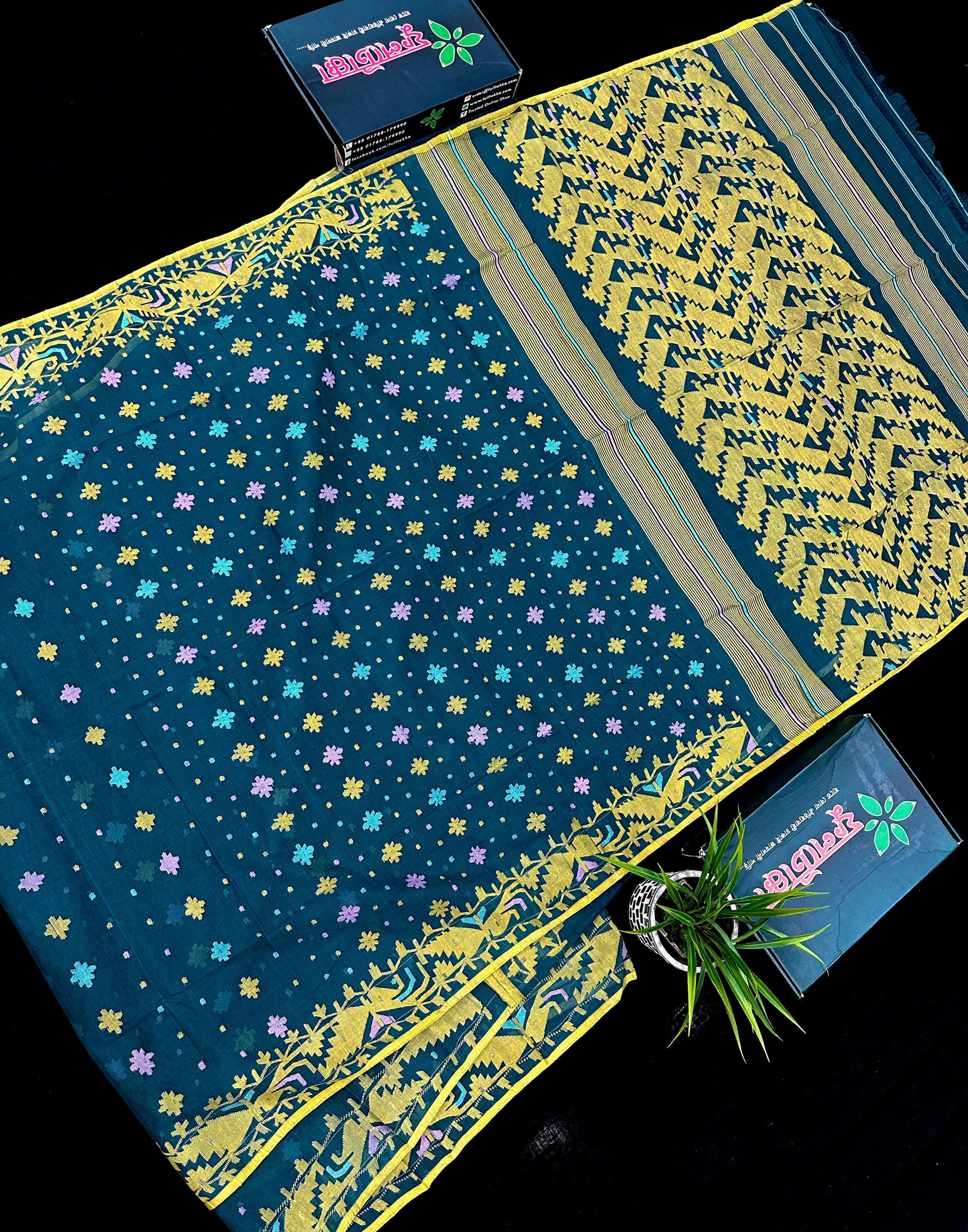 Peacock blue cotton jamdani saree with yellow threads work all over soft count
