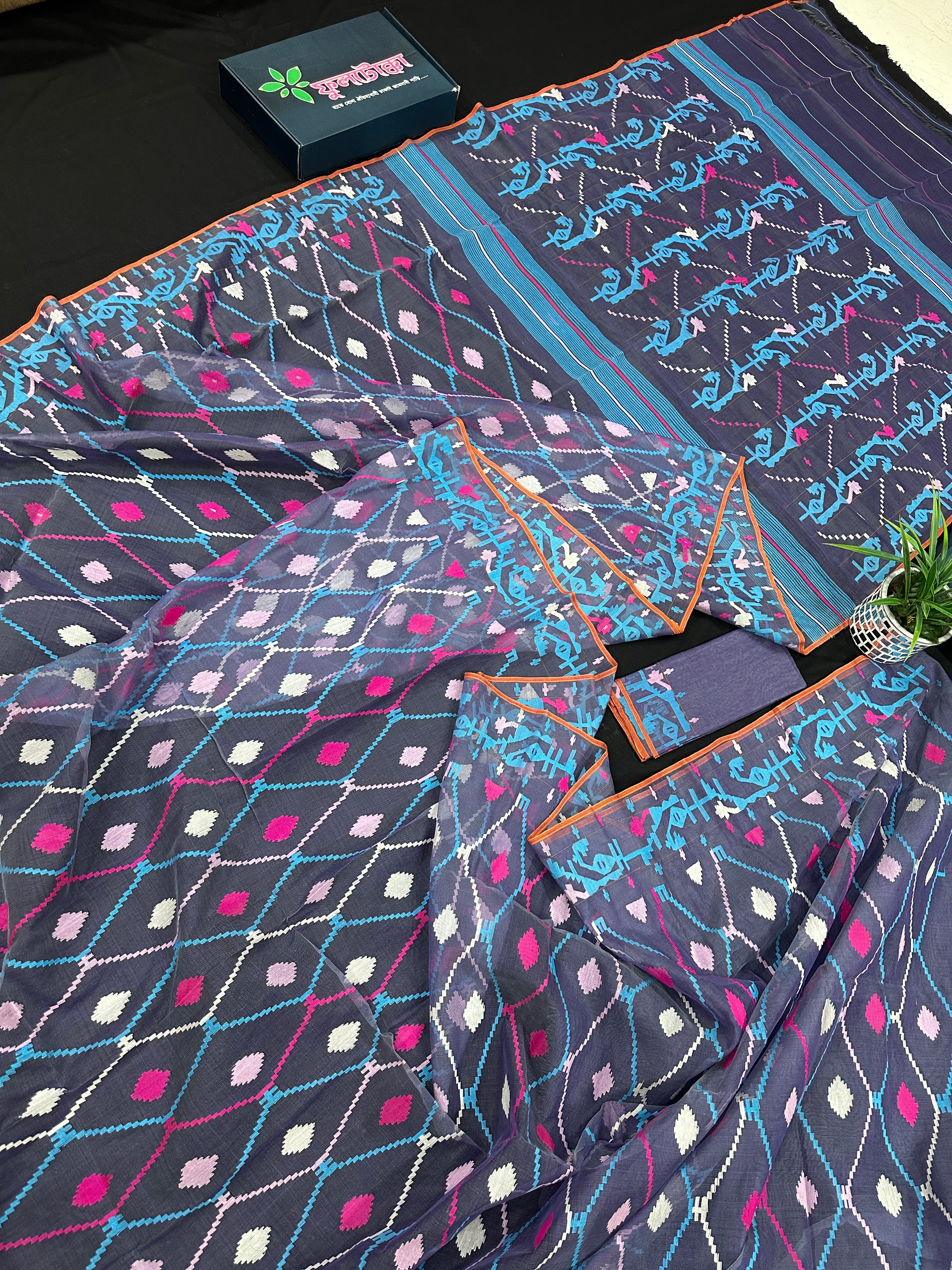 Purplish Blue dual toned jamdani saree with white pink blue threads work & blouse piece.