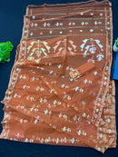 Brick orange halfsilk handloom original dhakai Jamdani saree with golden silver & copper jori work