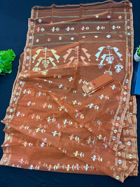 Brick orange halfsilk handloom original dhakai Jamdani saree with golden silver & copper jori work