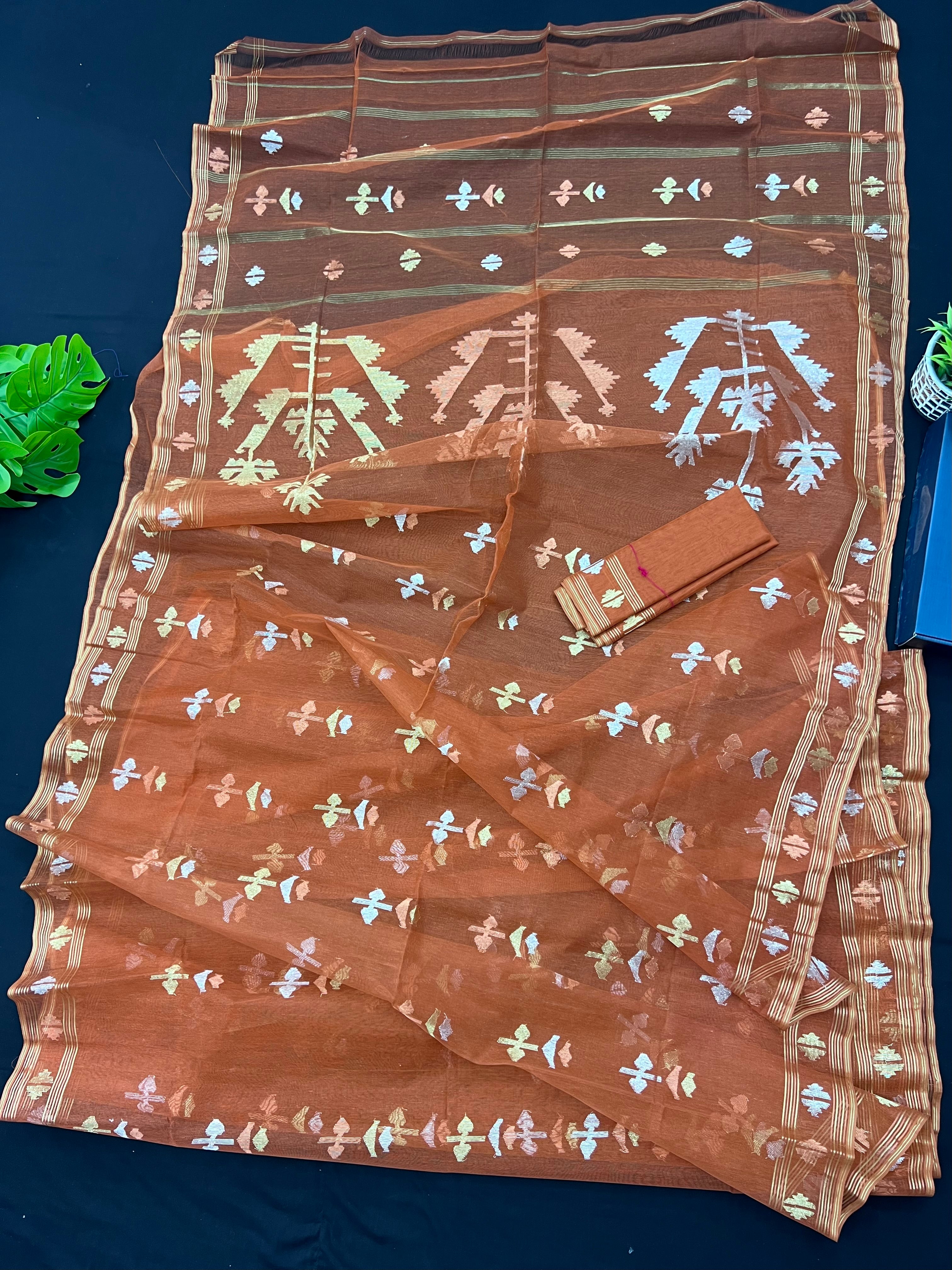 Brick orange halfsilk handloom original dhakai Jamdani saree with golden silver & copper jori work