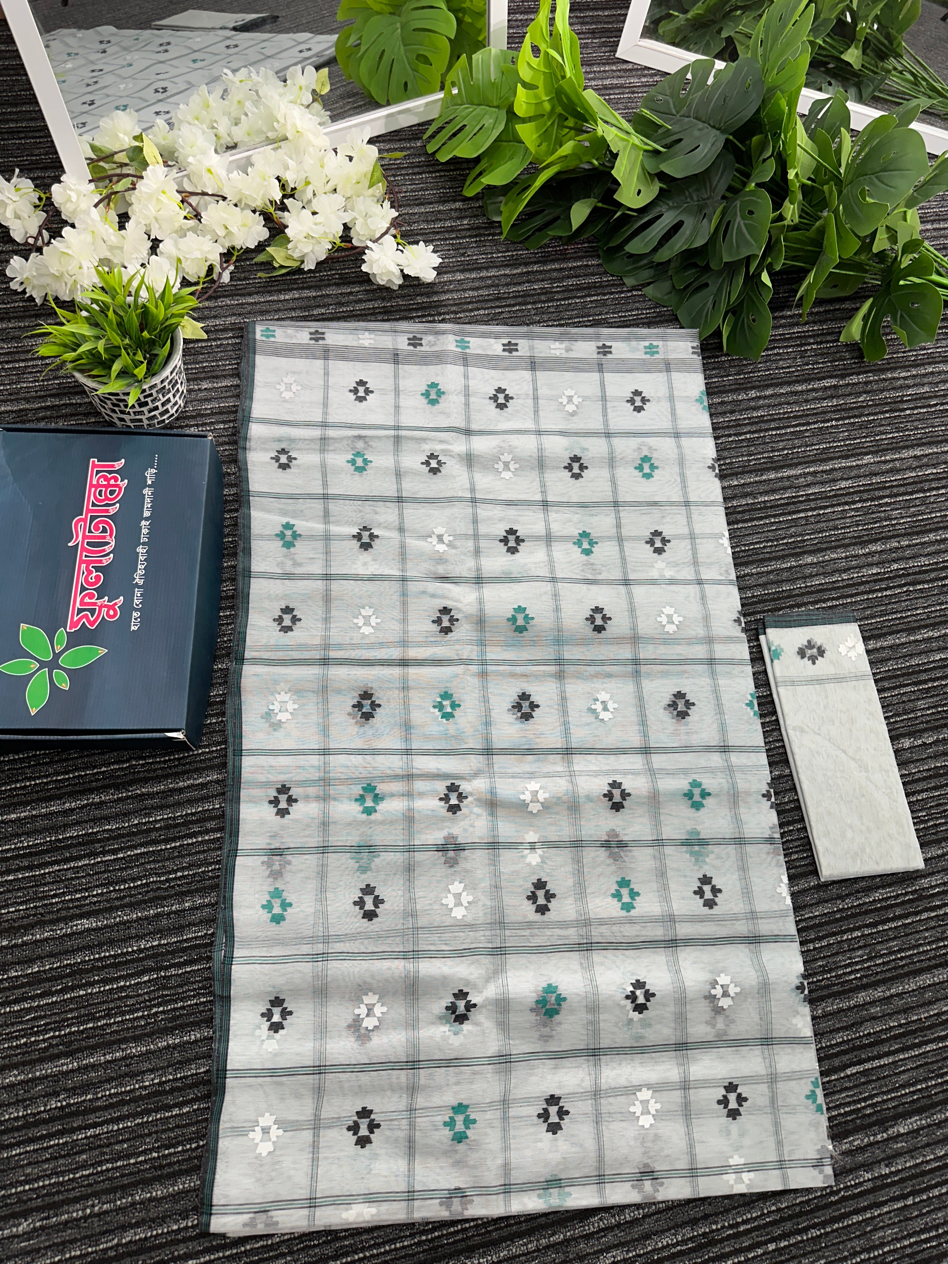 White cotton jamdani saree white black green threads work