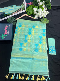 Pastel blue halfsilk jamdani saree with sky jori work and yellow threads work