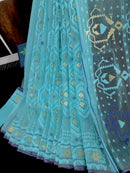 Cyan blue exclusive halfsilk jamdani saree with golden jori work and self threads work.
