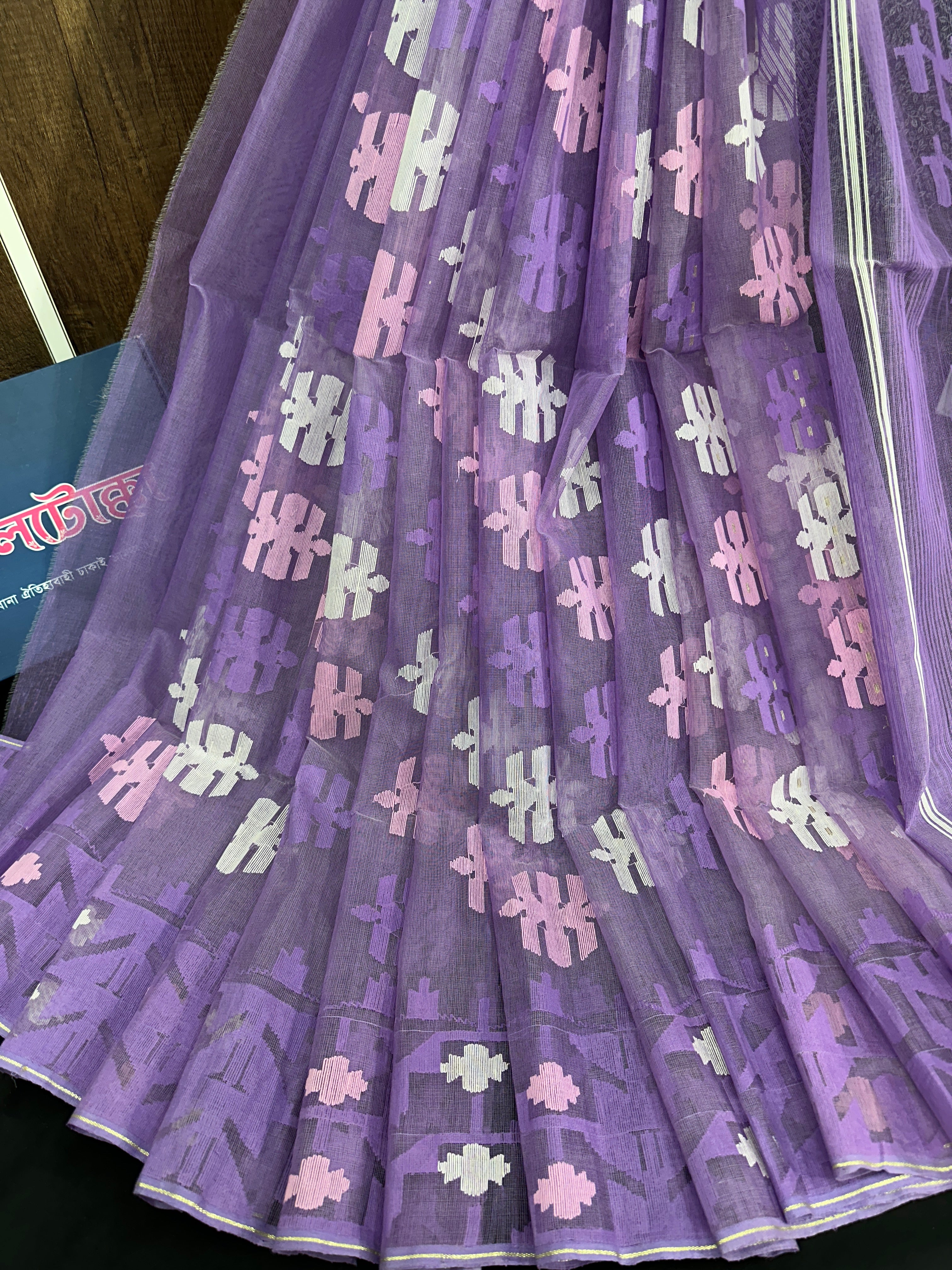 Sweet lavendar halfsilk jamdani saree with white pink lavender threads work
